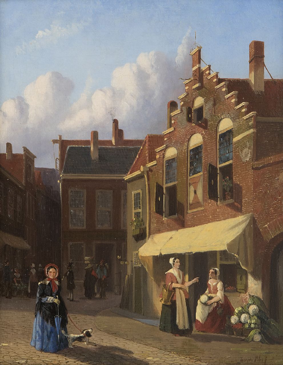 Bles J.  | Joseph Bles, A Dutch street with greengrocer's stall, oil on panel 25.3 x 20.0 cm, signed l.r.
