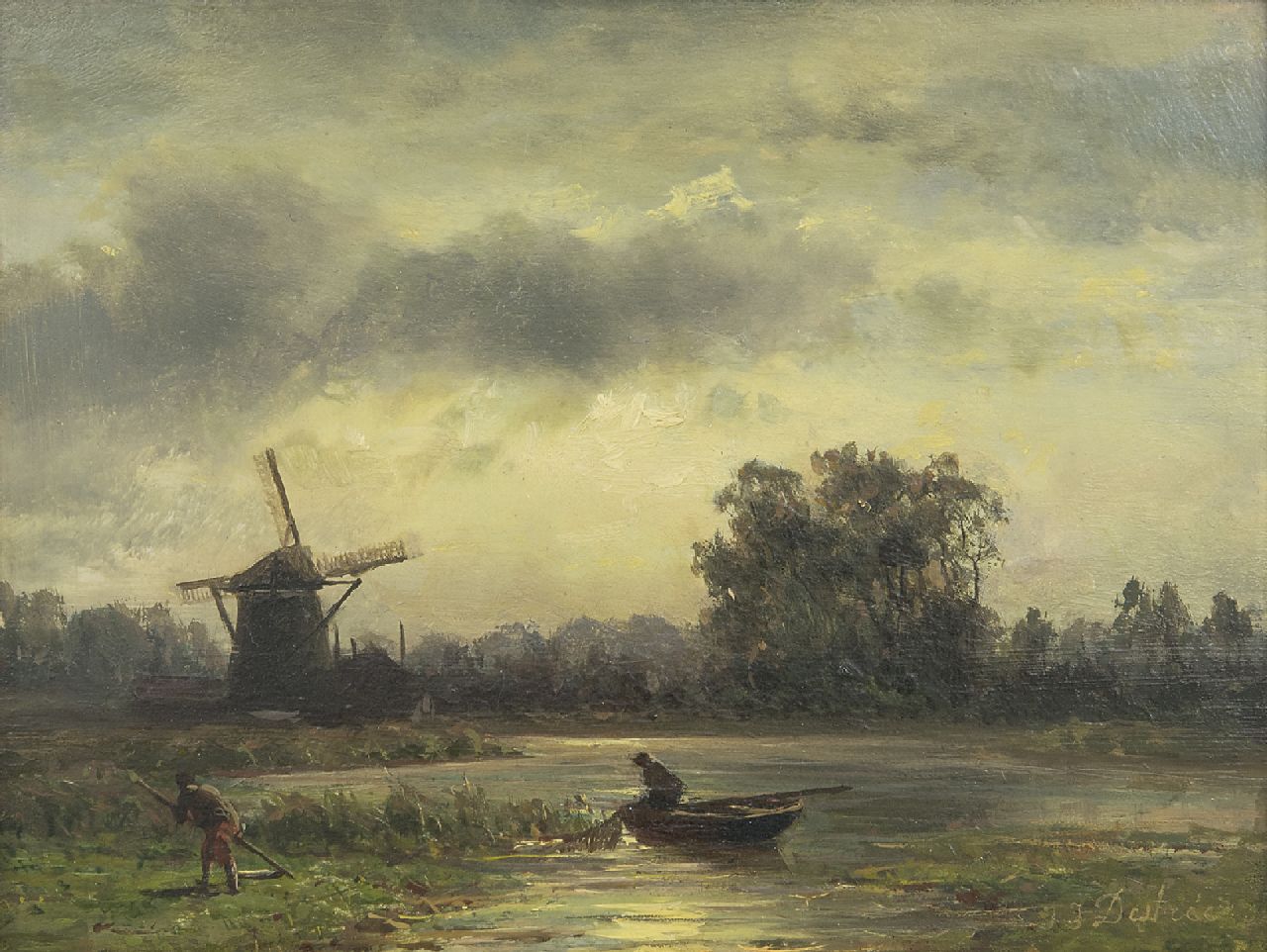 Destrée J.J.  | Johannes Josephus Destrée, A river landscape with a farmer and fisherman near a windmill, oil on panel 14.2 x 18.6 cm, signed l.r.