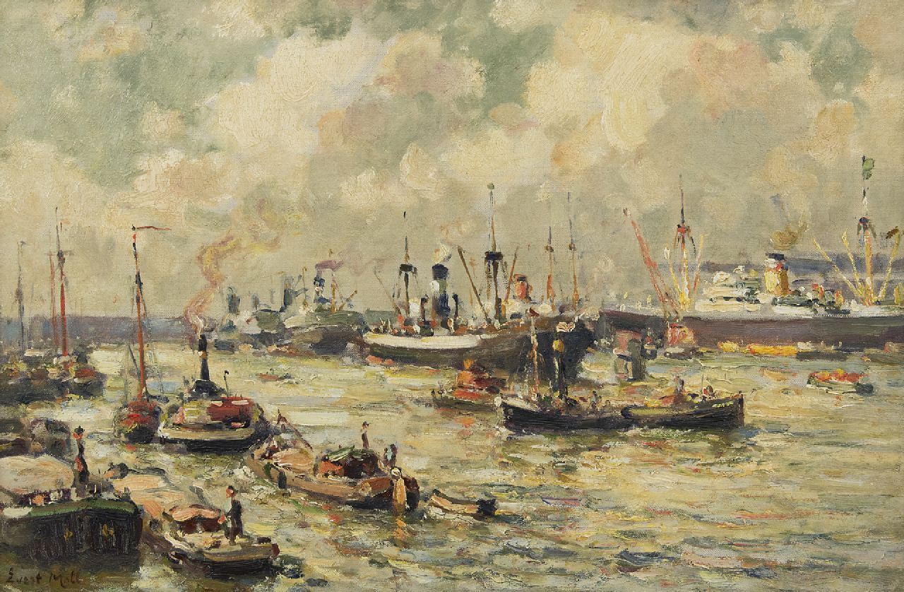 Moll E.  | Evert Moll | Paintings offered for sale | Activity in the Rotterdam harbour, oil on canvas 40.1 x 60.5 cm, signed l.l.