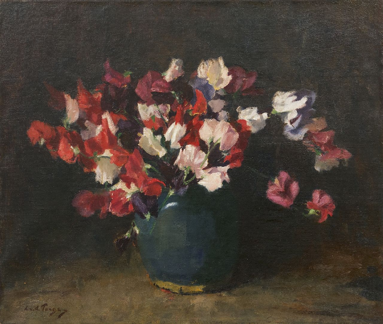 Tonge L.L. van der | 'Lammert' Leire van der Tonge, Sweet pea in a green vase, oil on canvas 45.5 x 53.6 cm, signed l.l.