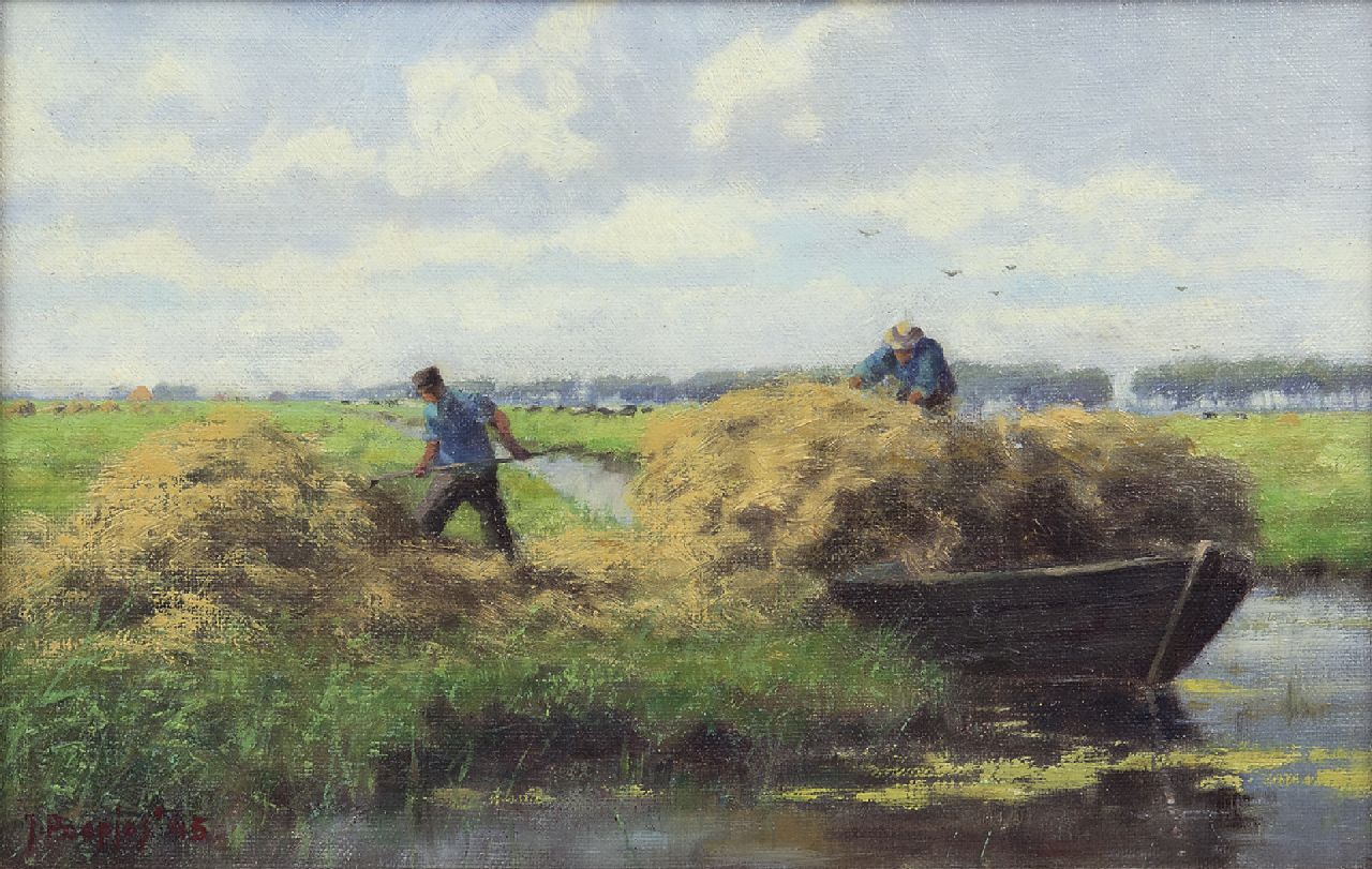 Holtrup J.  | Jan Holtrup, Harvest time near Akkrum, oil on canvas laid down on panel 18.5 x 28.6 cm, signed l.l. signed 'J. Poepjes' and dated '45