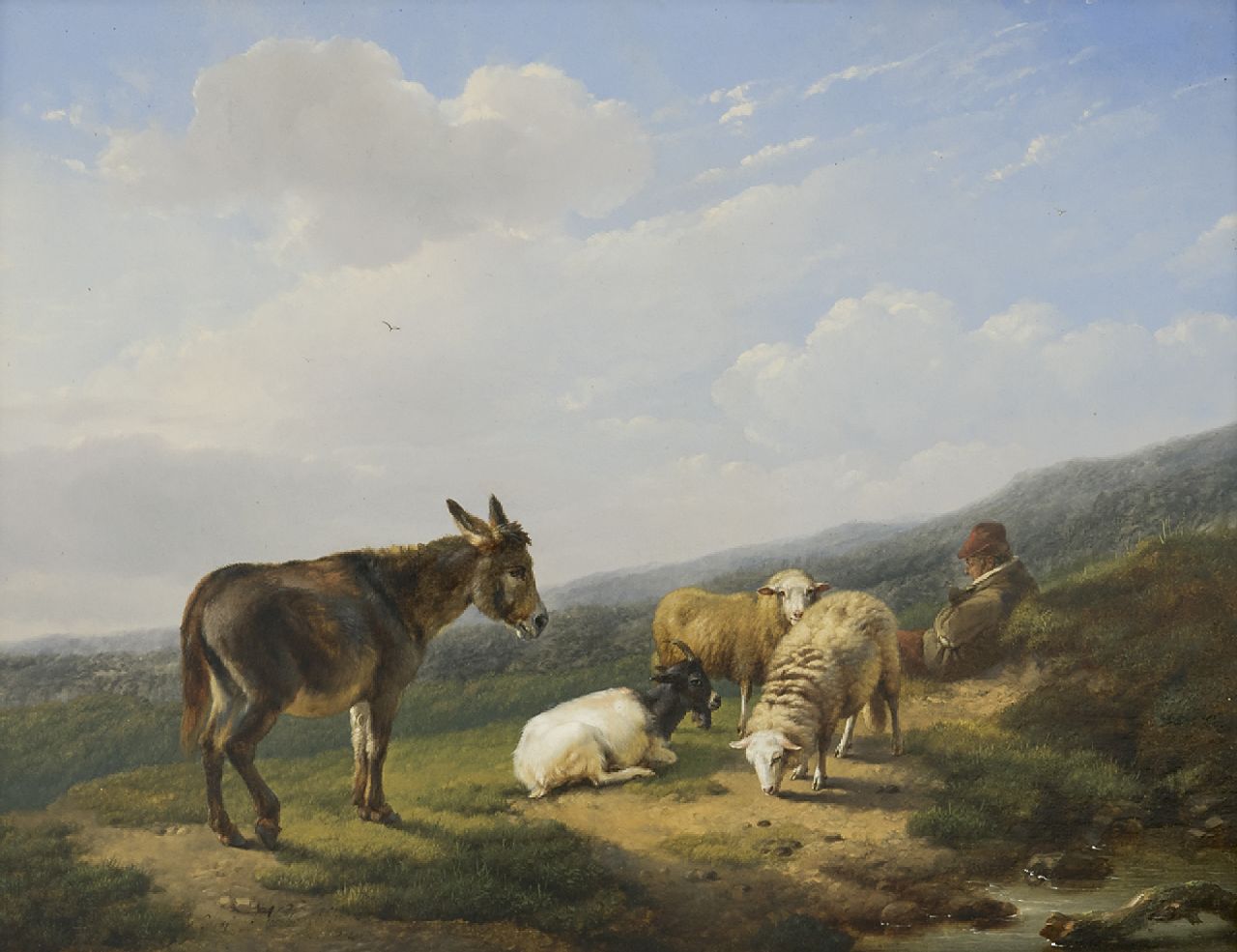 Verboeckhoven E.J.  | Eugène Joseph Verboeckhoven, A shepherd with his sheep, a goat and a donkey, oil on panel 24.7 x 32.2 cm, signed l.l.