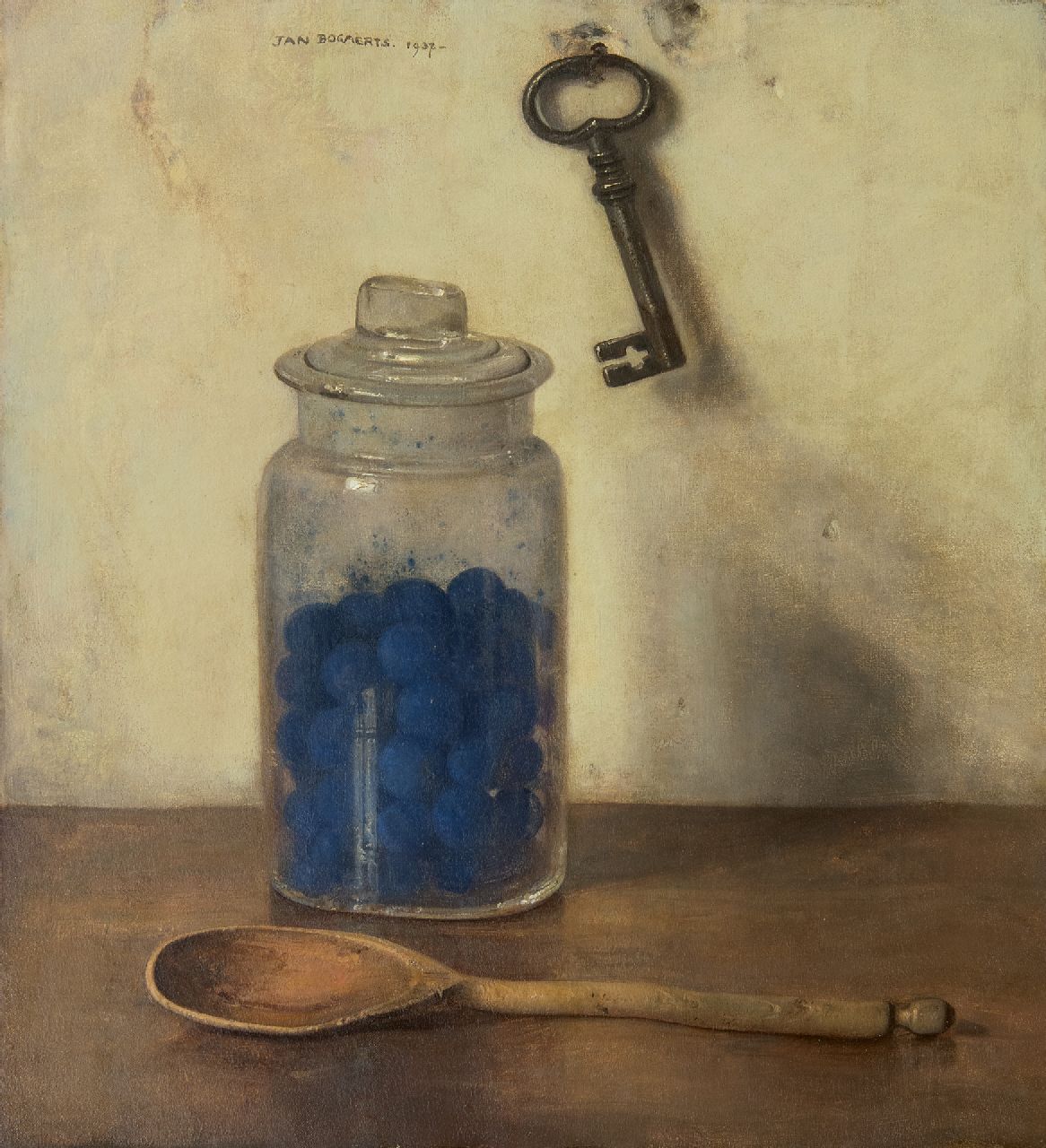 Bogaerts J.J.M.  | Johannes Jacobus Maria 'Jan' Bogaerts | Paintings offered for sale | A glass jar with blue starch, oil on canvas 36.0 x 32.9 cm, signed u.c. and dated 1937