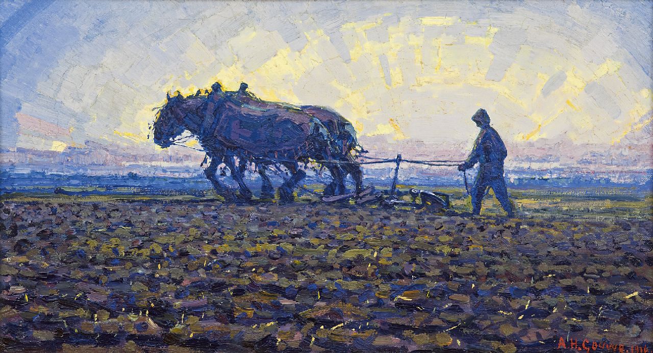 Gouwe A.H.  | Adriaan Herman Gouwe, At sunset, South Limburg, oil on canvas 25.0 x 45.6 cm, signed l.r. and dated 1916