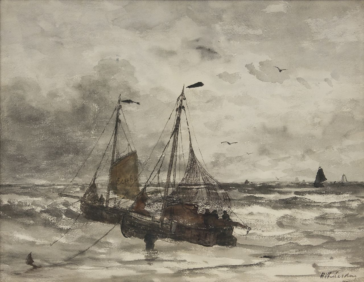 Mesdag H.W.  | Hendrik Willem Mesdag, Fishing boats at anchor in the surf, watercolour on paper 45.0 x 57.7 cm, signed l.r.