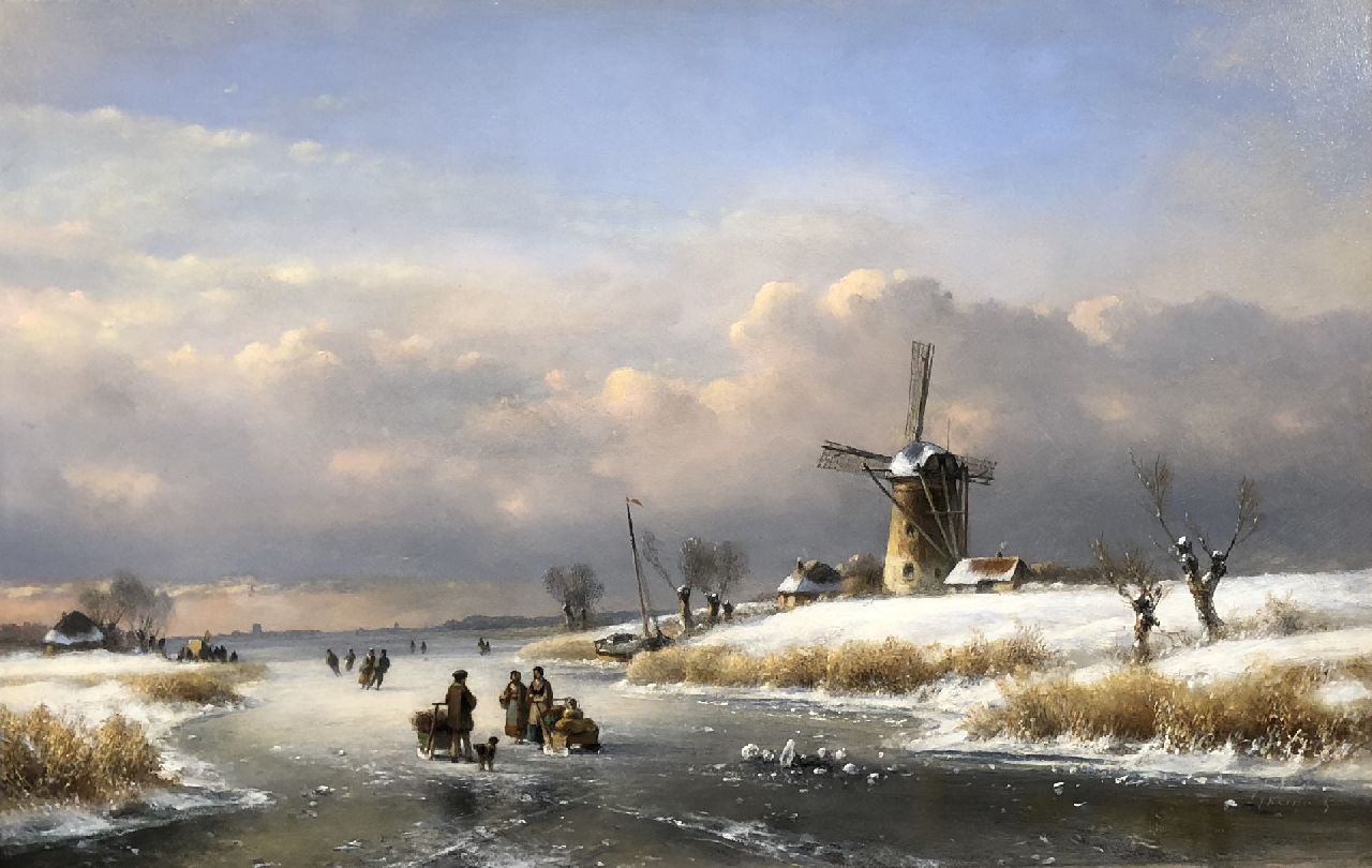 Kleijn L.J.  | Lodewijk Johannes Kleijn, Winter landscape with a windmill and skaters, oil on panel 33.6 x 52.0 cm, signed l.r.