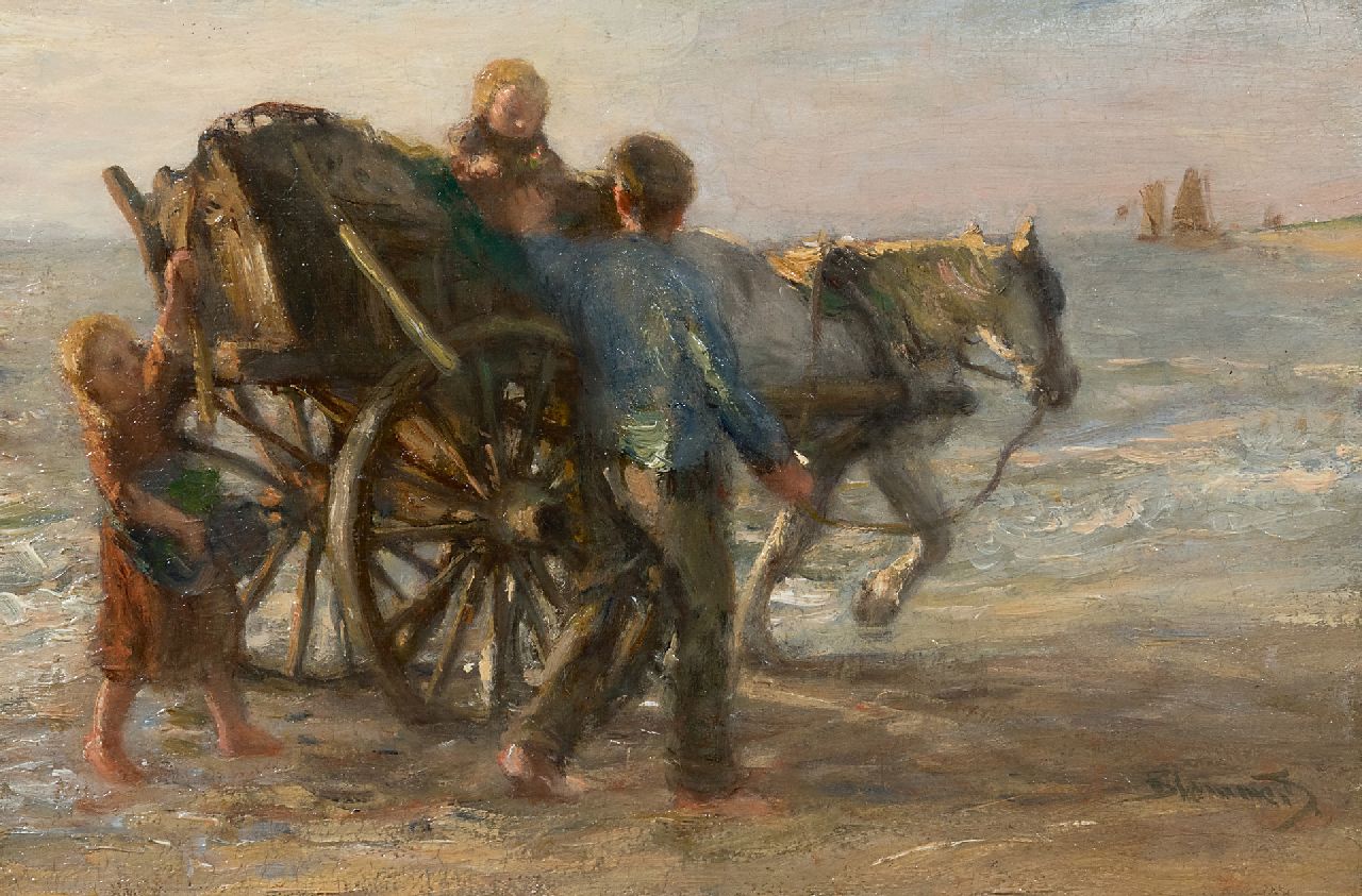 Blommers B.J.  | Bernardus Johannes 'Bernard' Blommers, Shell fisher with his children on the beach, oil on canvas 28.3 x 42.0 cm, signed l.r.