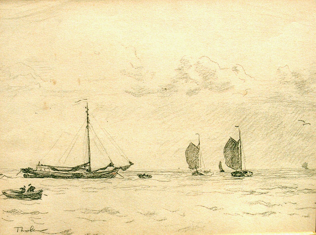 Tholen W.B.  | Willem Bastiaan Tholen, Shipping on the Zuiderzee, pencil on paper 22.5 x 30.0 cm, signed l.l.