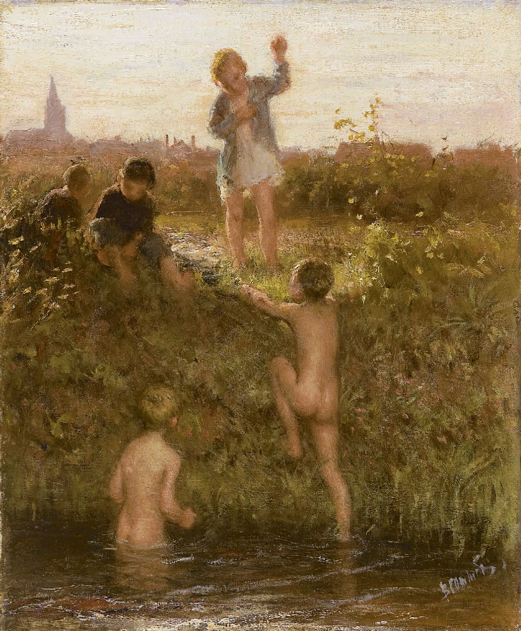 Blommers B.J.  | Bernardus Johannes 'Bernard' Blommers, The little bathers, oil on canvas 48.2 x 40.4 cm, signed l.r. and painted ca. 1895-1907