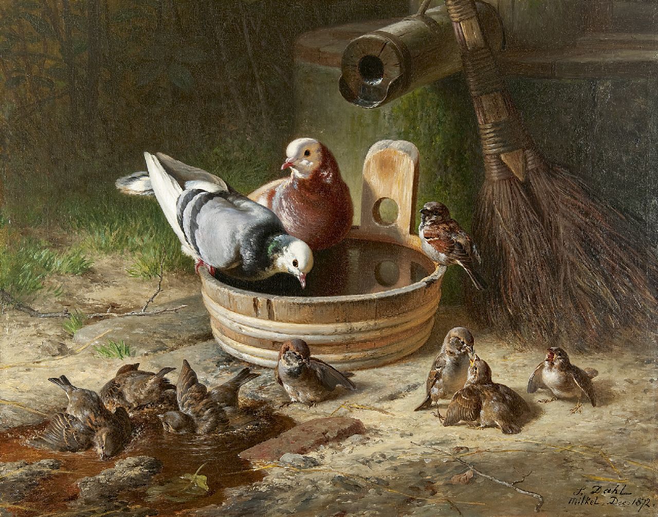 Hans Dahl | Drinking pigeons and sparrows, oil on canvas, 70.7 x 90.0 cm, signed l.r. and dated 'Milkel' Dec. 1872