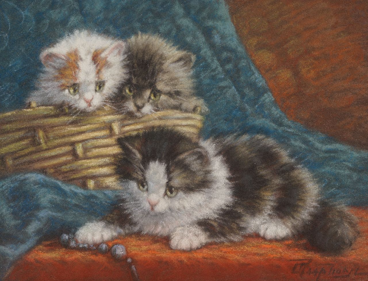 Raaphorst C.  | Cornelis Raaphorst, Three kittens playing with a string of beads, pastel on paper laid down on painter's board 24.4 x 30.9 cm, signed l.r.