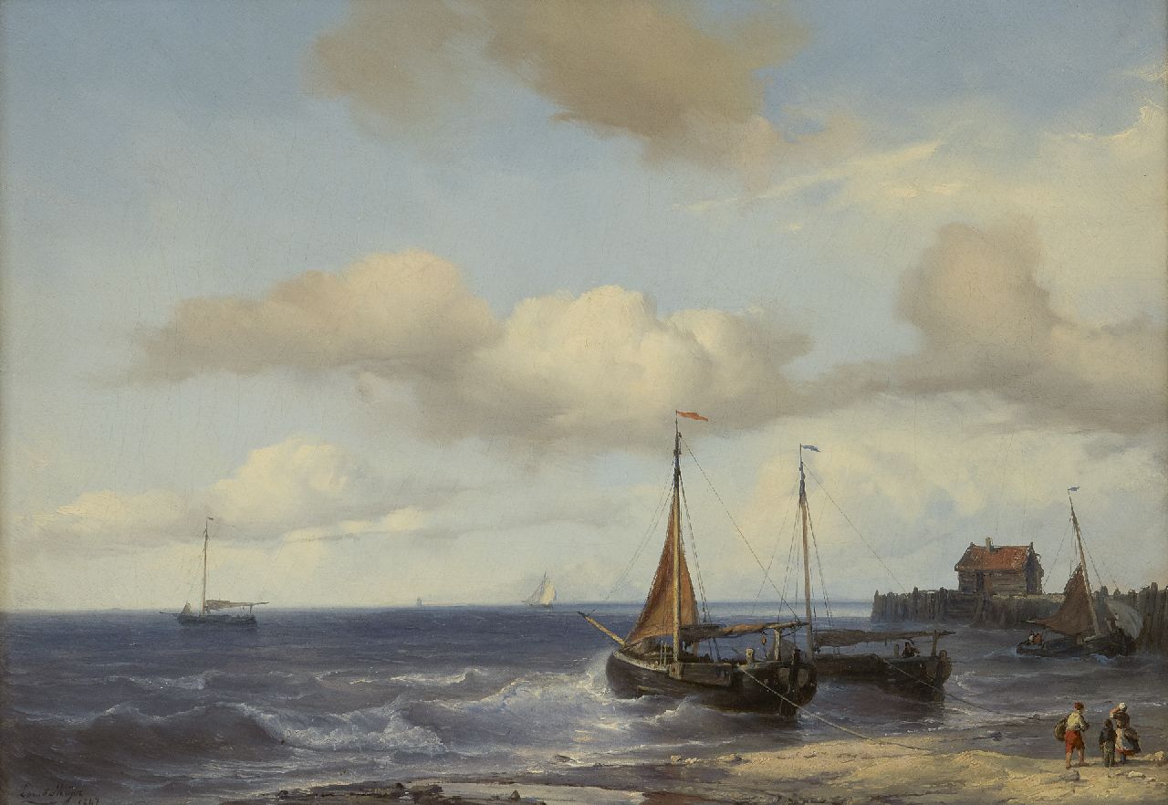 Meijer J.H.L.  | Johan Hendrik 'Louis' Meijer | Paintings offered for sale | Fishing ships in the breakers, oil on canvas 32.4 x 46.0 cm, signed l.l. and dated 1847
