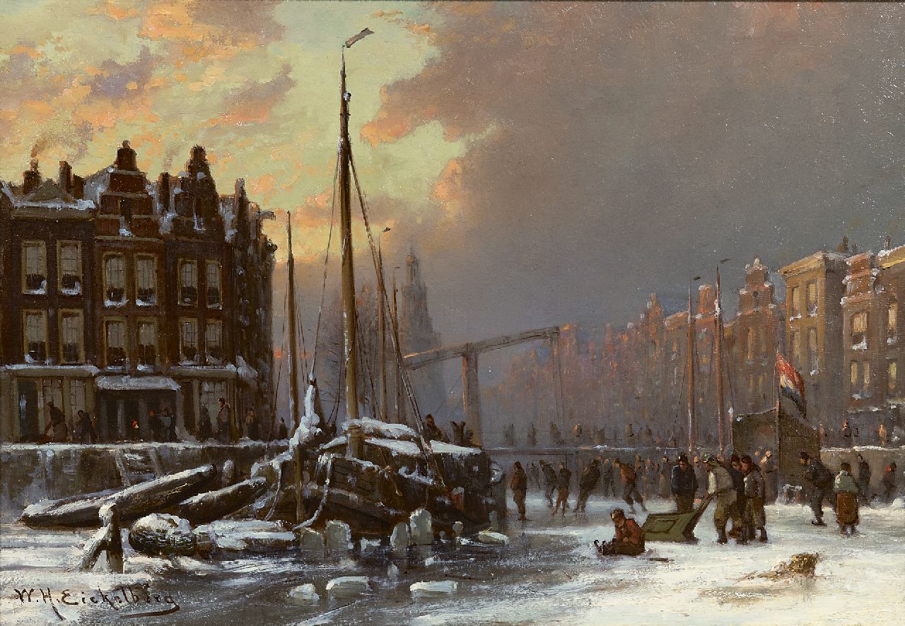 Eickelberg W.H.  | Willem Hendrik Eickelberg | Paintings offered for sale | Skaters on a frozen canal, Amsterdam, oil on panel 26.8 x 38.2 cm, signed l.l. and painted after 1904