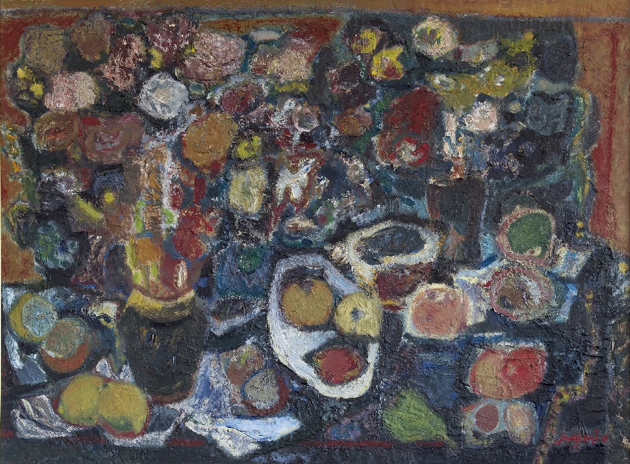 Jaap Min | Still life with fruit and flowers, oil on canvas, 75.0 x 100.0 cm, signed l.r.