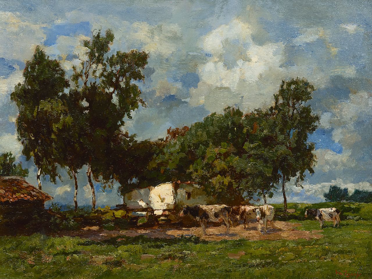 Zwart W.H.P.J. de | Wilhelmus Hendrikus Petrus Johannes 'Willem' de Zwart | Paintings offered for sale | View on farmhouse with cattle, oil on canvas 50.1 x 65.2 cm, signed l.r.