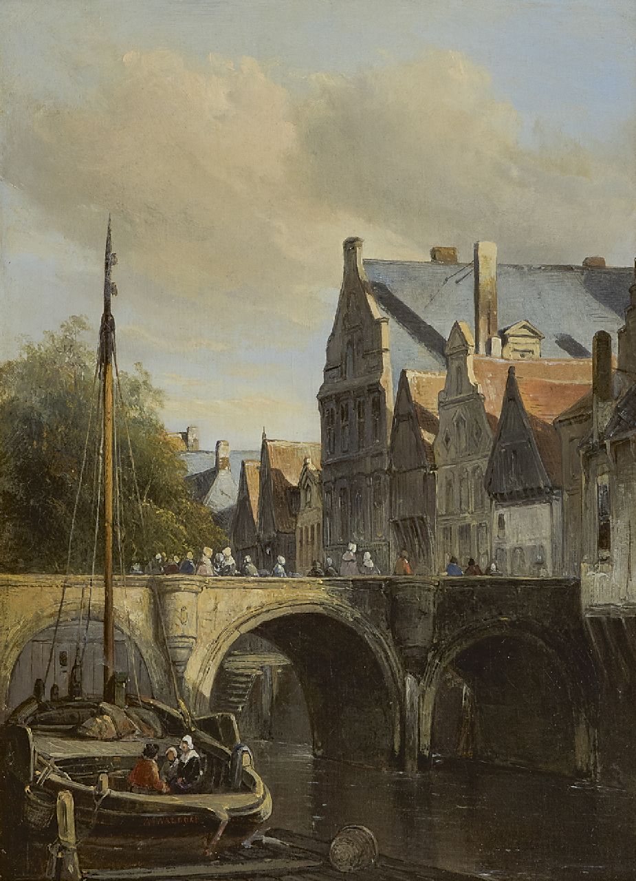 Waldorp A.  | Antonie Waldorp | Paintings offered for sale | A town canal with moored fishing boat, oil on panel 29.8 x 22.0 cm, signed l.l. on the stern of the boat