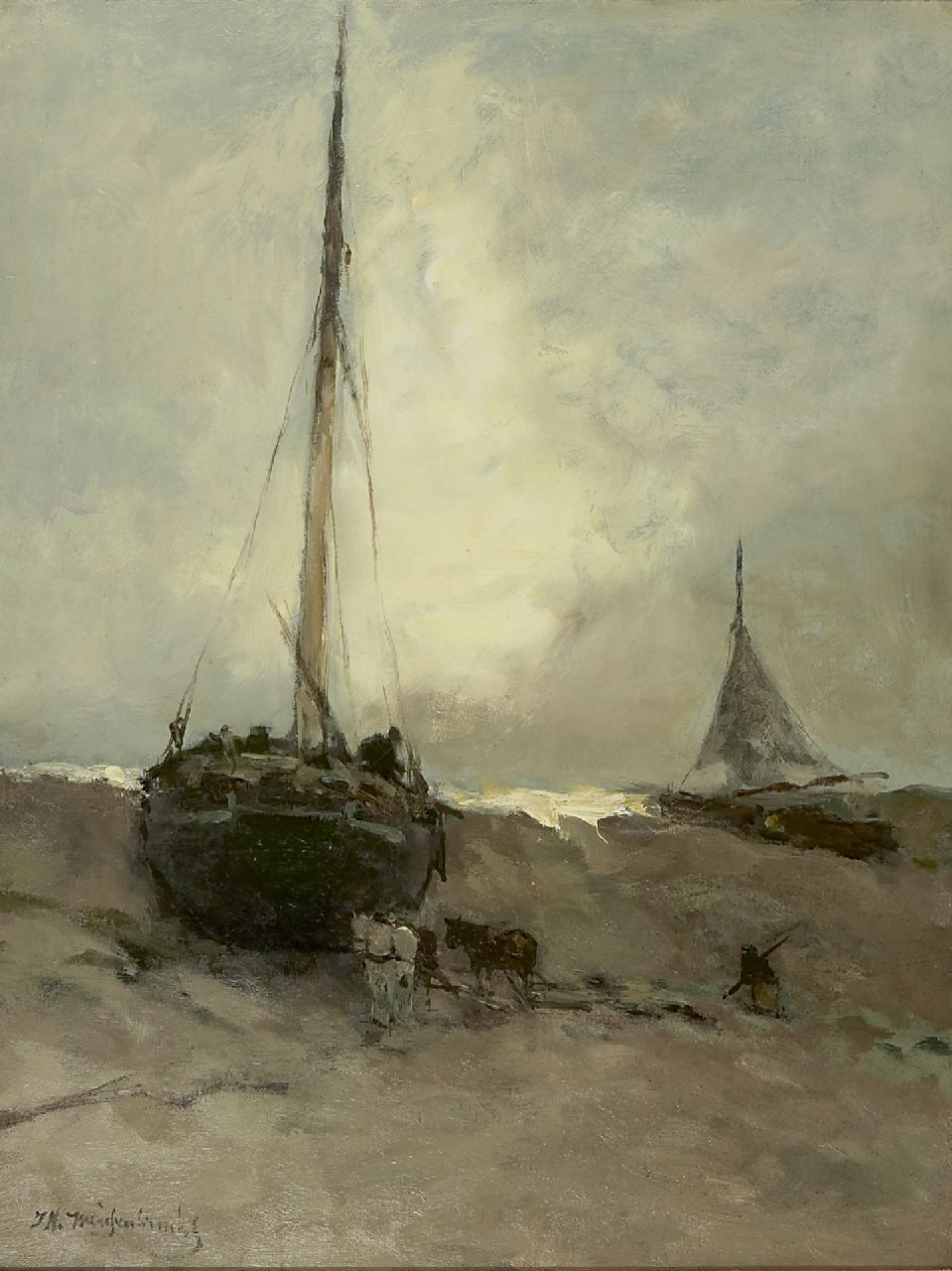 Weissenbruch H.J.  | Hendrik Johannes 'J.H.' Weissenbruch, Fishing boats on the beach, oil on canvas 56.0 x 43.0 cm, signed l.l.