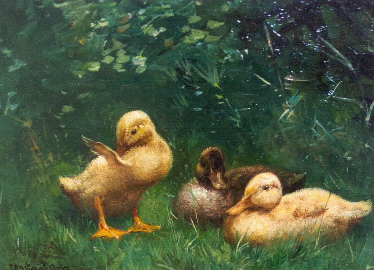 Artz C.D.L.  | 'Constant' David Ludovic Artz, Three ducklings on the riverbank, oil on panel 19.7 x 26.8 cm, signed l.l.