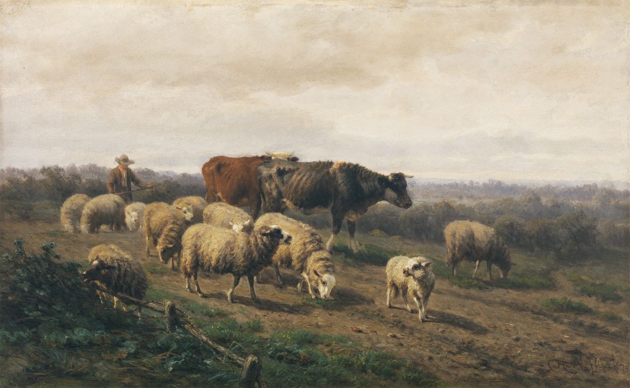 Helmert Richard van der Flier | Shepherd with his cattle, oil on panel, 31.0 x 50.2 cm, signed l.r. and dated '70