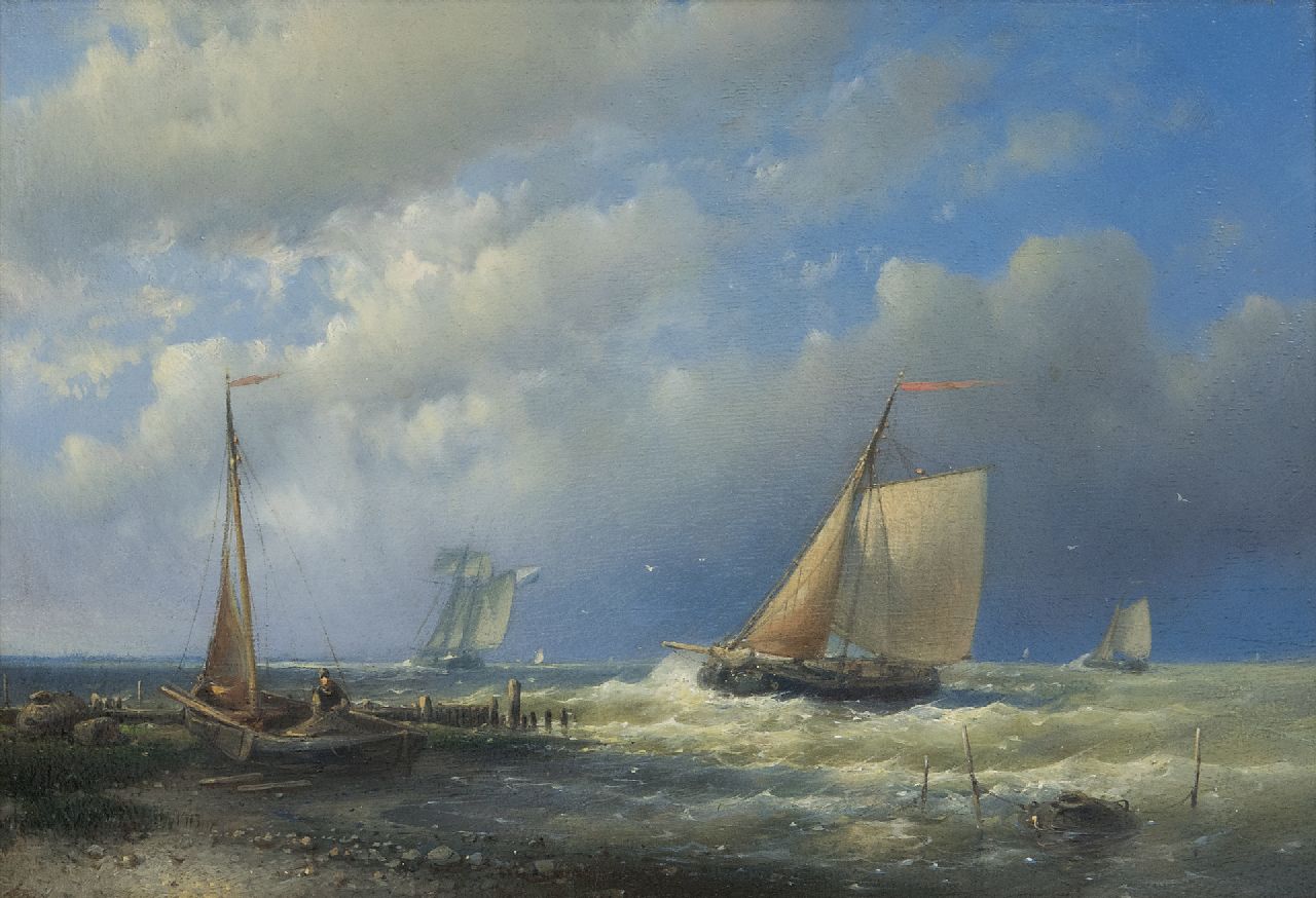 Hulk A.  | Abraham Hulk, Shipping off the coast, oil on panel 17.9 x 26.2 cm, signed l.l. with initials