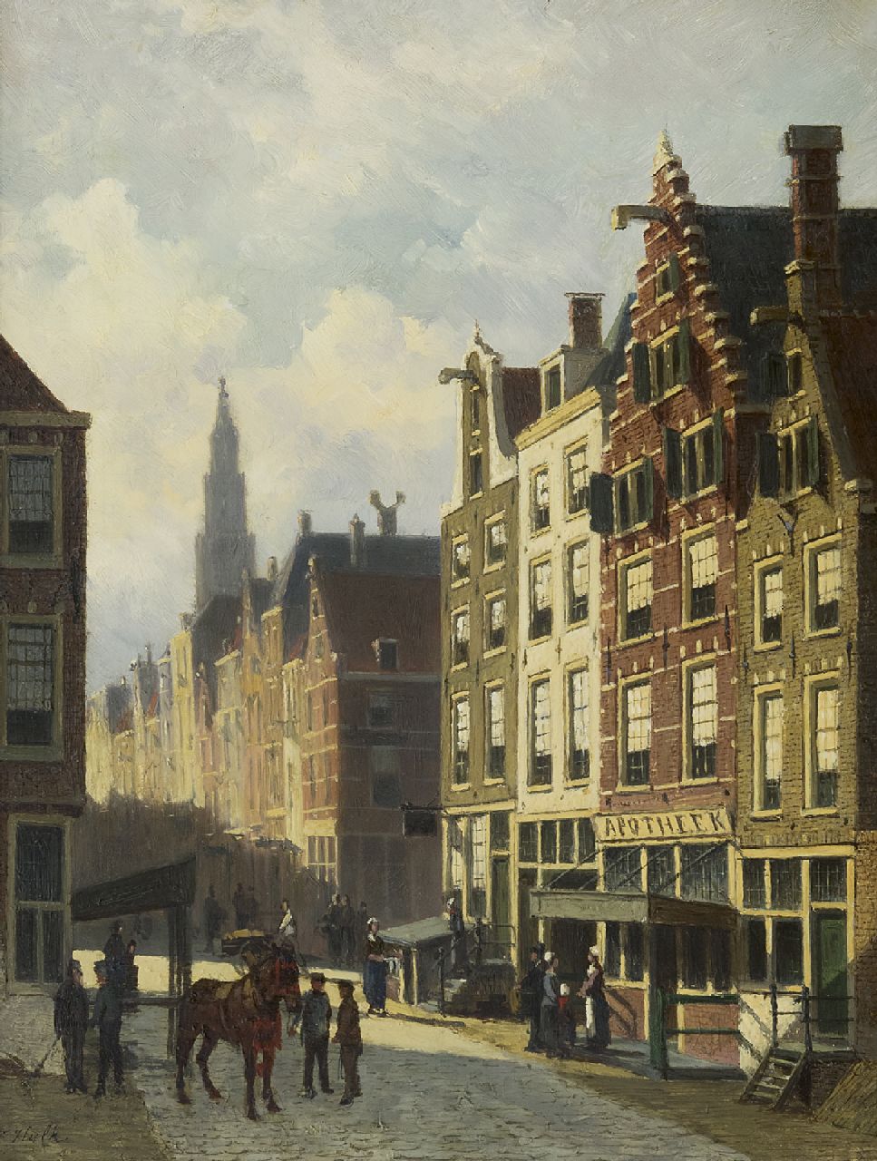 Johannes Frederik Hulk | A sunny town view with a pharmacy shop, oil on panel, 40.0 x 31.7 cm, signed l.l.