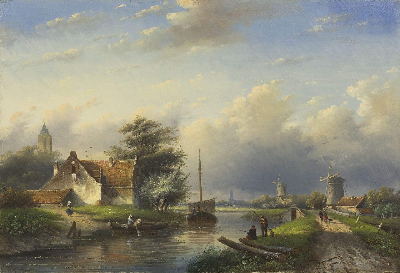 Spohler J.J.  | Jan Jacob Spohler, Landscape summer canal scene, oil on panel 42.8 x 62.4 cm, signed l.l.