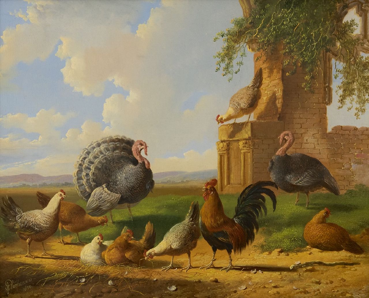 Verhoesen A.  | Albertus Verhoesen | Paintings offered for sale | Turkeys and chicken in a landscape, oil on panel 30.5 x 37.6 cm, signed l.l. and painted 1870