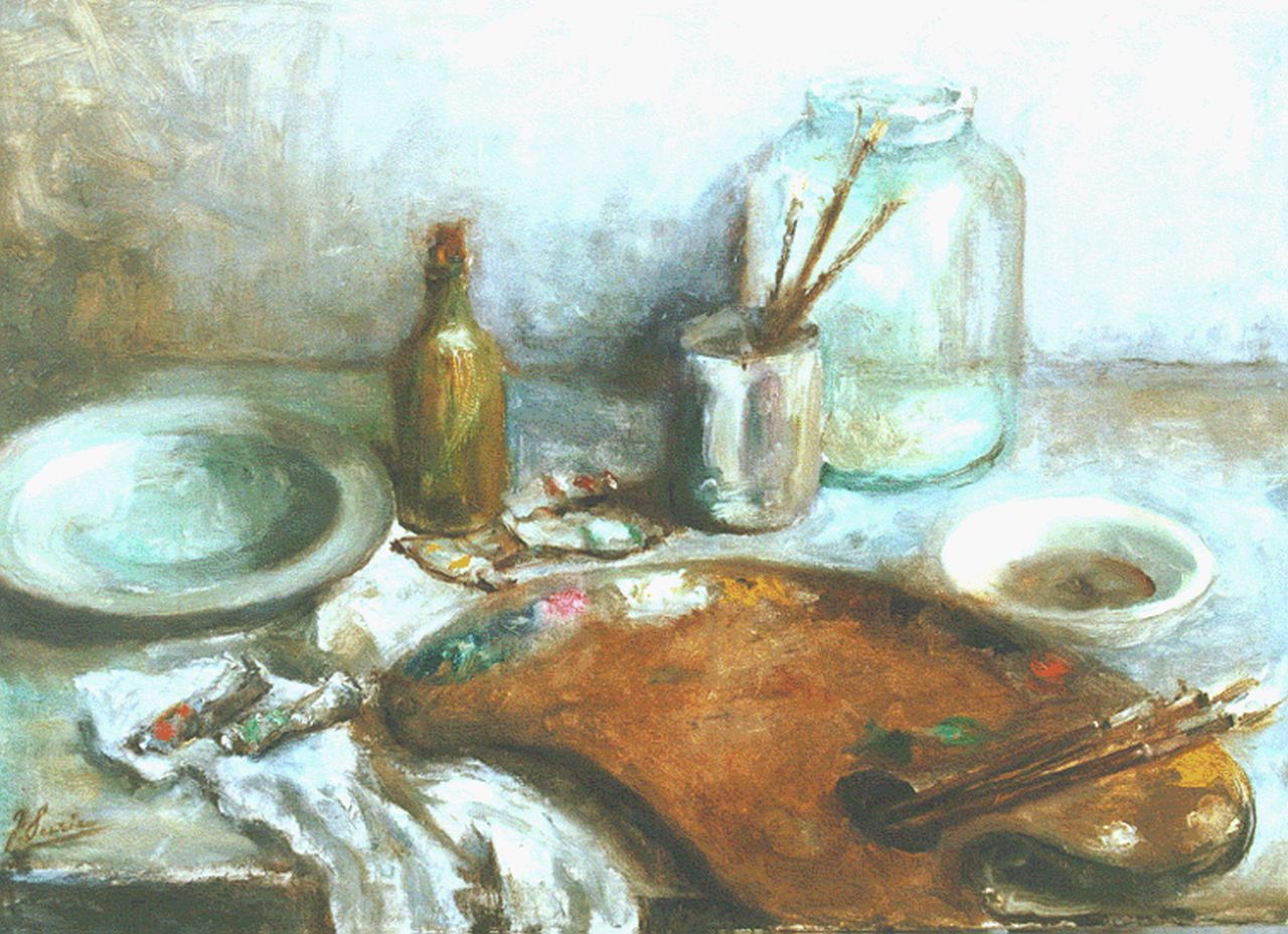 Surie J.  | Jacoba 'Coba' Surie, A still life with painter's equipment, oil on canvas 49.8 x 69.8 cm, signed l.l.