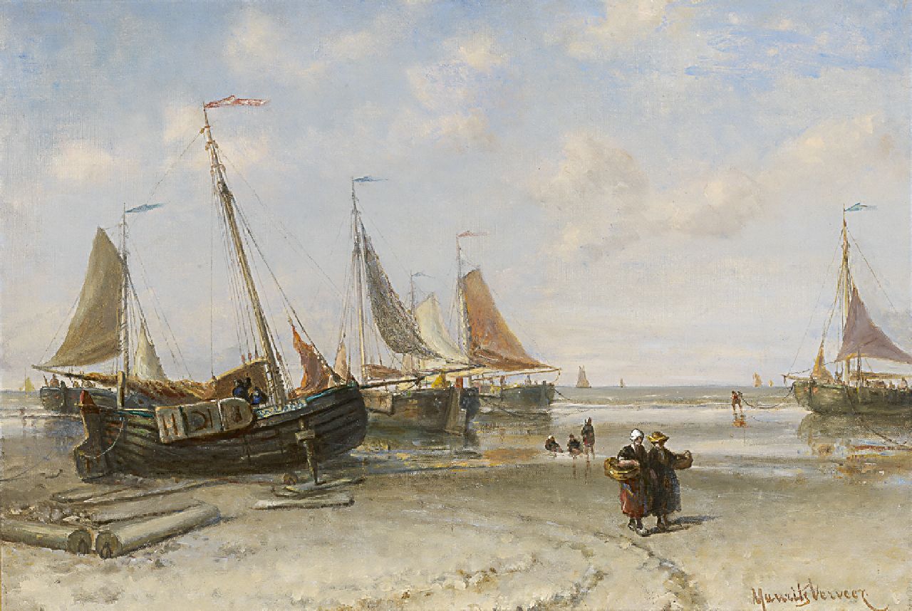 Verveer M.L.  | Mozes Leonardus 'Maurits' Verveer | Paintings offered for sale | Fishermen's wives near the fishing boats along the coastline, oil on canvas 38.8 x 54.9 cm, signed l.r. and on the reverse