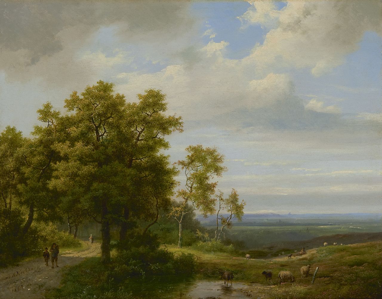 Koekkoek I M.A.  | Marinus Adrianus Koekkoek I | Paintings offered for sale | Land folk on a wooded path, oil on canvas 34.8 x 44.4 cm, signed l.l. and dated 1864