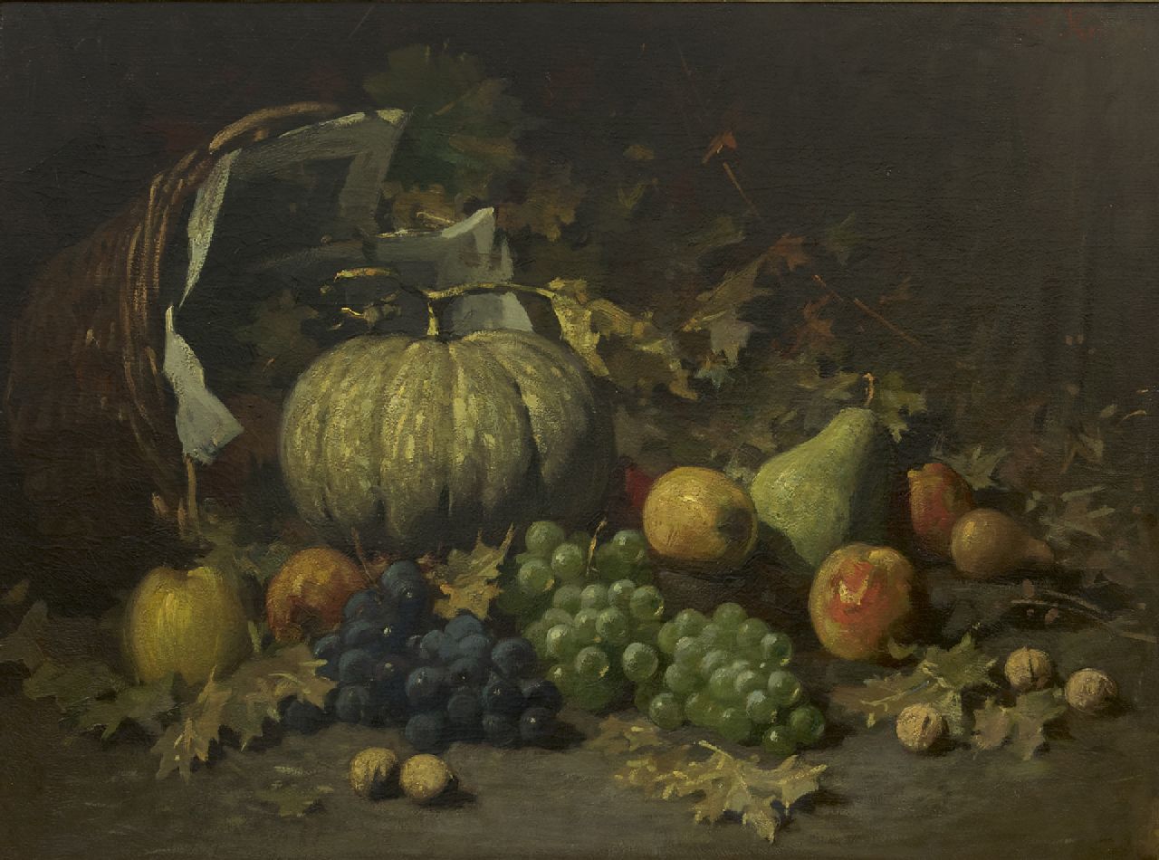 Kriens O.G.A.  | 'Otto' Gustav Adolf Kriens | Paintings offered for sale | Still life with fruit on a forest soil, oil on canvas 54.4 x 73.0 cm, signed u.r.