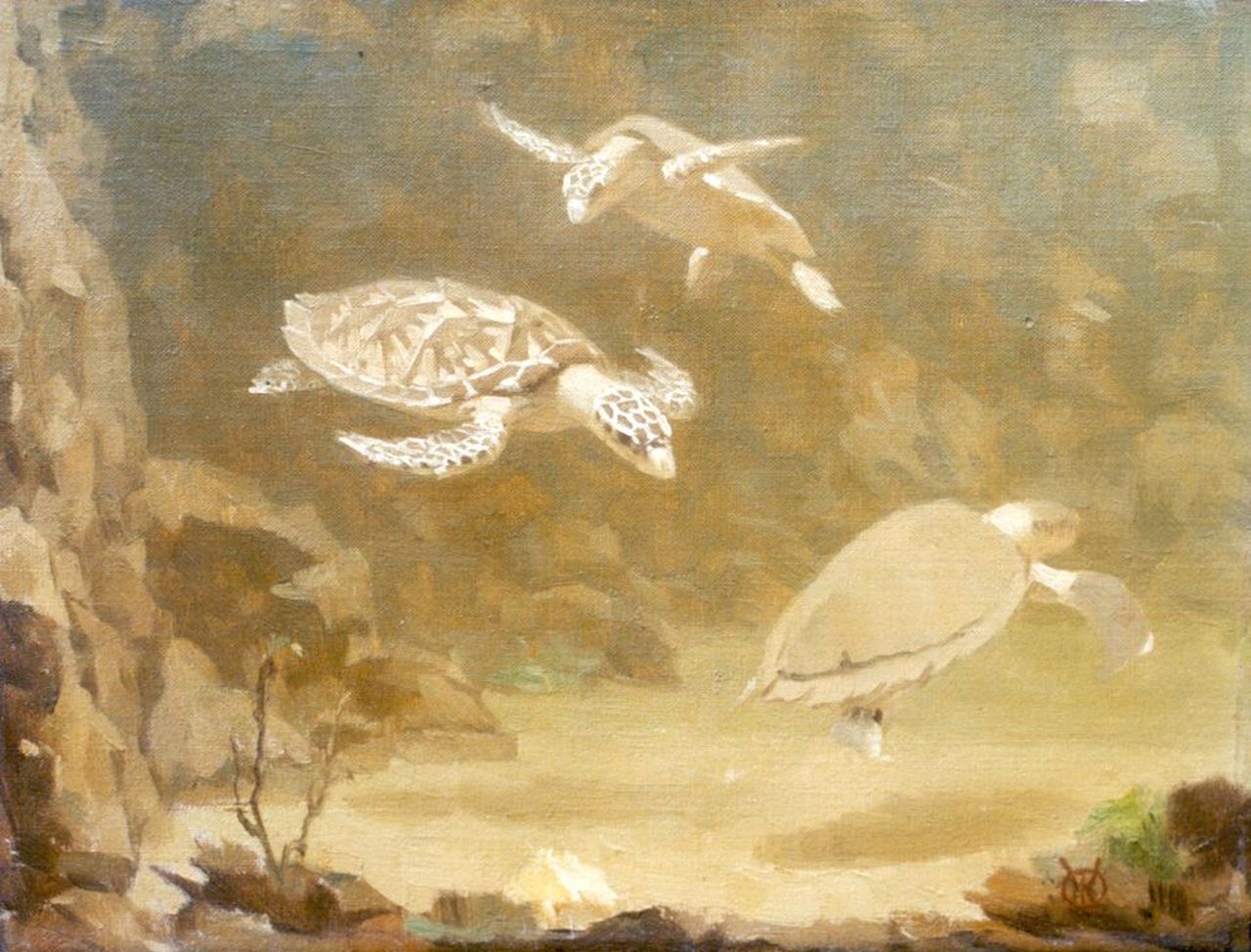 Dijsselhof G.W.  | Gerrit Willem Dijsselhof | Paintings offered for sale | Turtles, oil on canvas 20.5 x 26.5 cm, signed l.r. with monogram