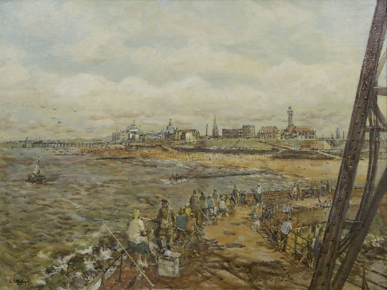 Ettinger B.C. van | Borgert Carolus 'Carel' van Ettinger, The boulevard of Scheveningen seen from the jetty, oil on board 60.4 x 80.3 cm, signed l.l. and on the reverse