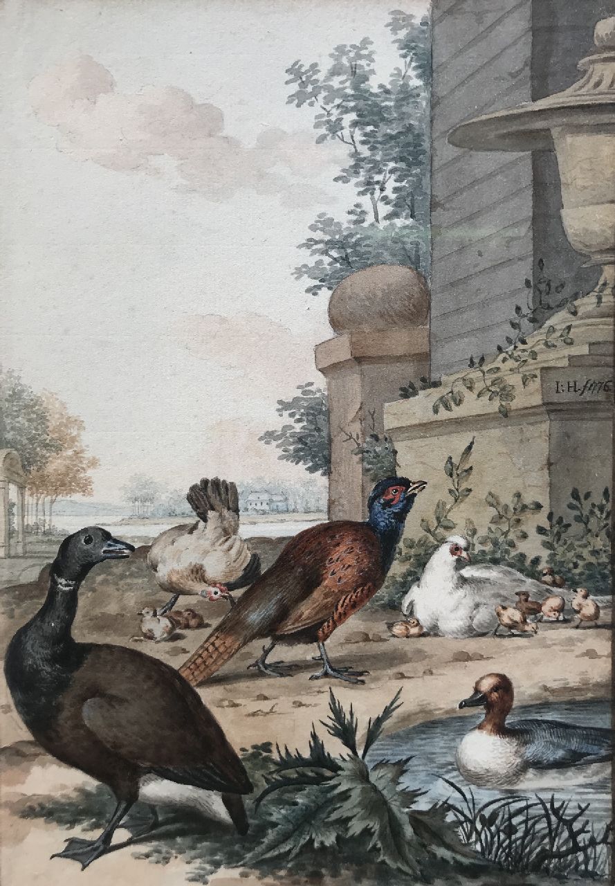 Jabez Heenck | A pochard and other birds in a landscape, watercolour on paper, 26.5 x 18.1 cm, signed c.r. with monogram and dated 1776