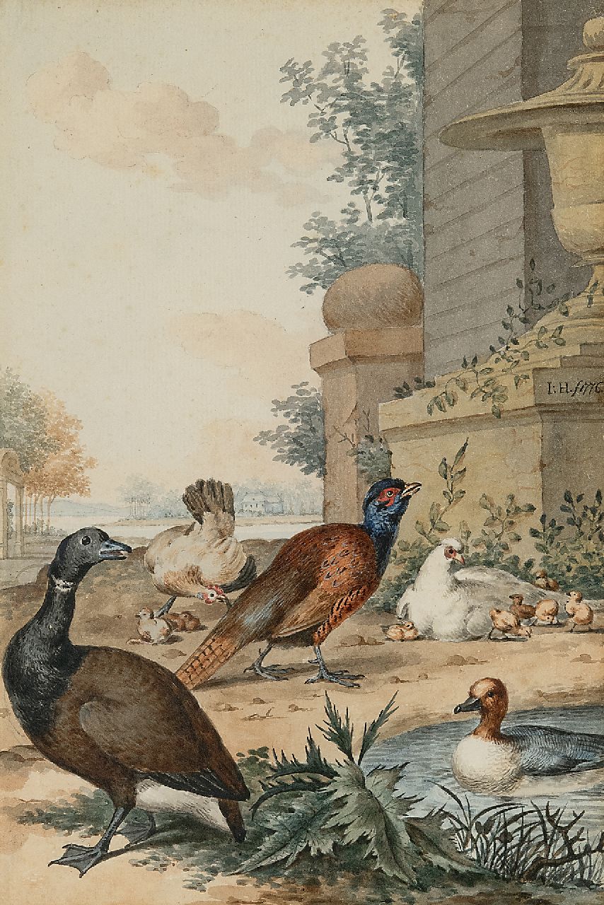 Heenck J.  | Jabez Heenck | Watercolours and drawings offered for sale | A pochard and other birds in a landscape, watercolour on paper 26.5 x 18.1 cm, signed c.r. with monogram and dated 1776