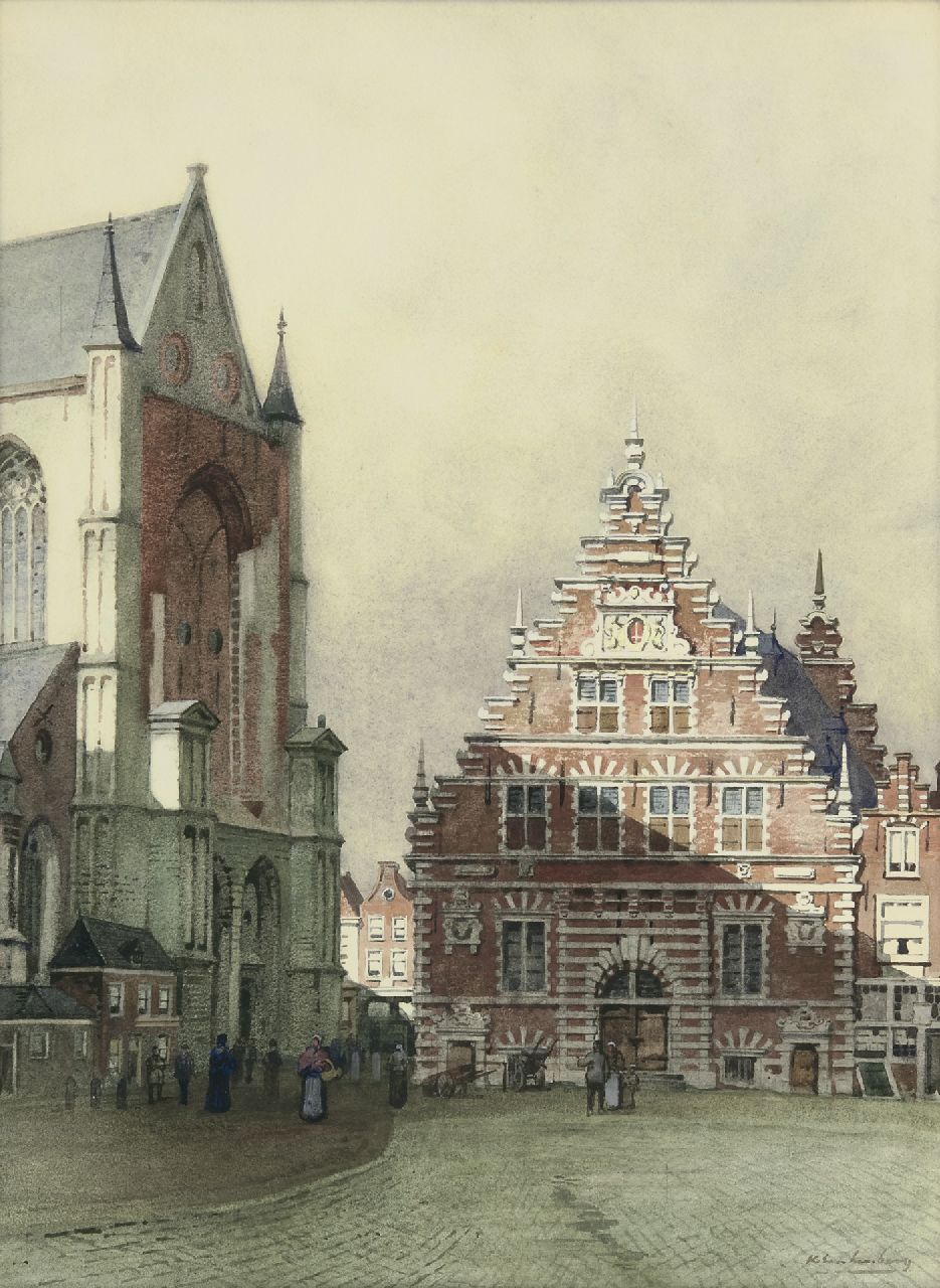 Klinkenberg J.C.K.  | Johannes Christiaan Karel Klinkenberg, The Grote markt and the Meat hall in Haarlem, watercolour on paper 46.0 x 34.0 cm, signed l.r.