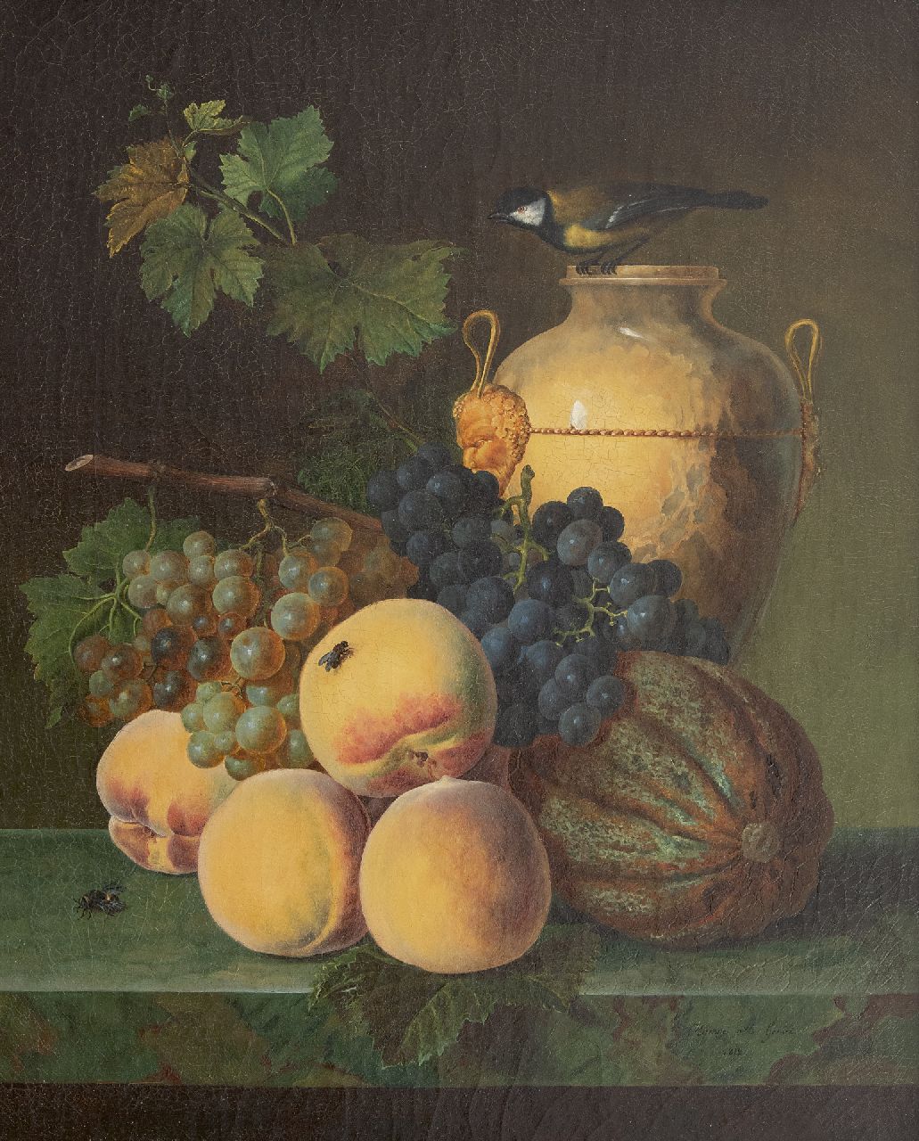 Olympe Mouette Génin | A still life with peaches, an amphora and a bird, oil on canvas, 49.0 x 39.9 cm, signed l.r. and dated 1818