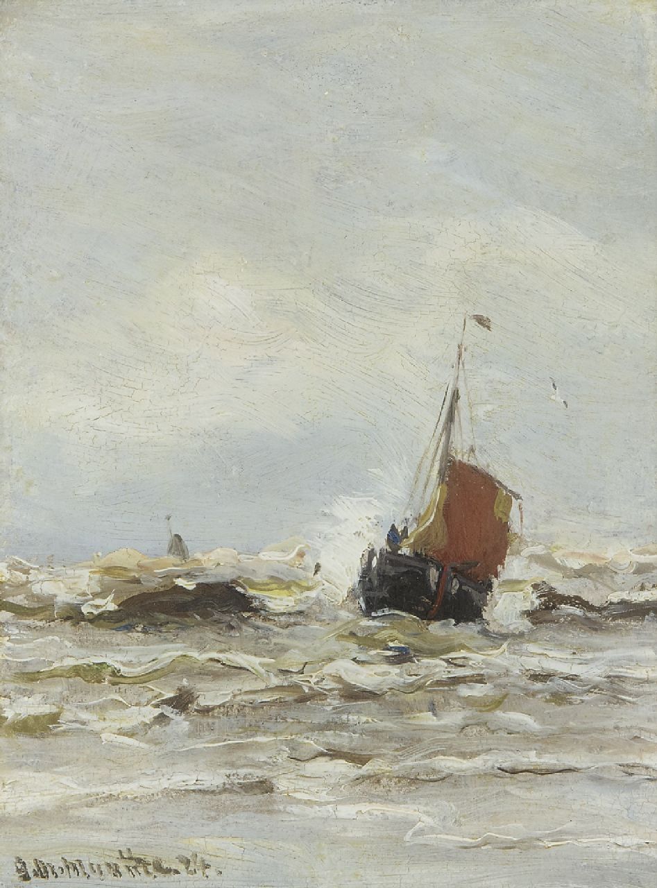 Munthe G.A.L.  | Gerhard Arij Ludwig 'Morgenstjerne' Munthe, Fishing boat in the surf, oil on painter's board 20.0 x 15.0 cm, signed l.l. and dated '24