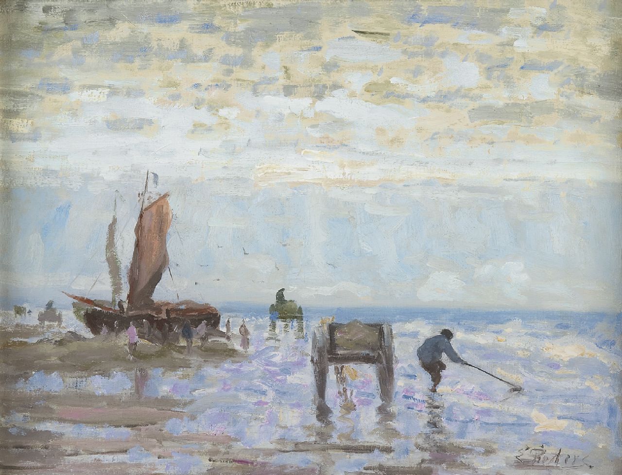 Pieters E.  | Evert Pieters, Shell fishers, Katwijk, oil on canvas 37.4 x 49.5 cm, signed l.r. and painted between 1900-1910.