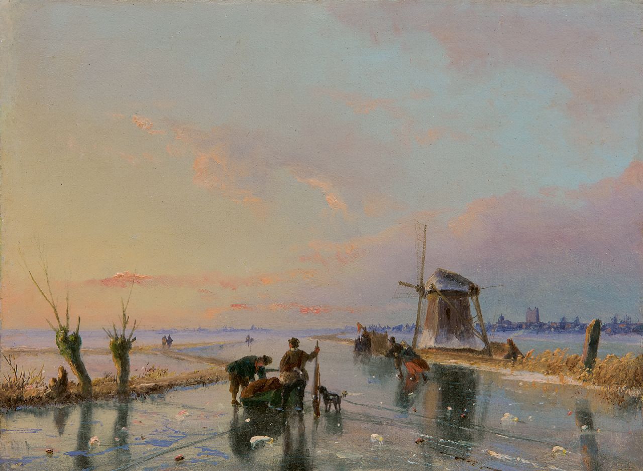 Roosenboom N.J.  | Nicolaas Johannes Roosenboom, Skaters and a sledge in an extensive winter landscape, oil on panel 16.3 x 21.9 cm