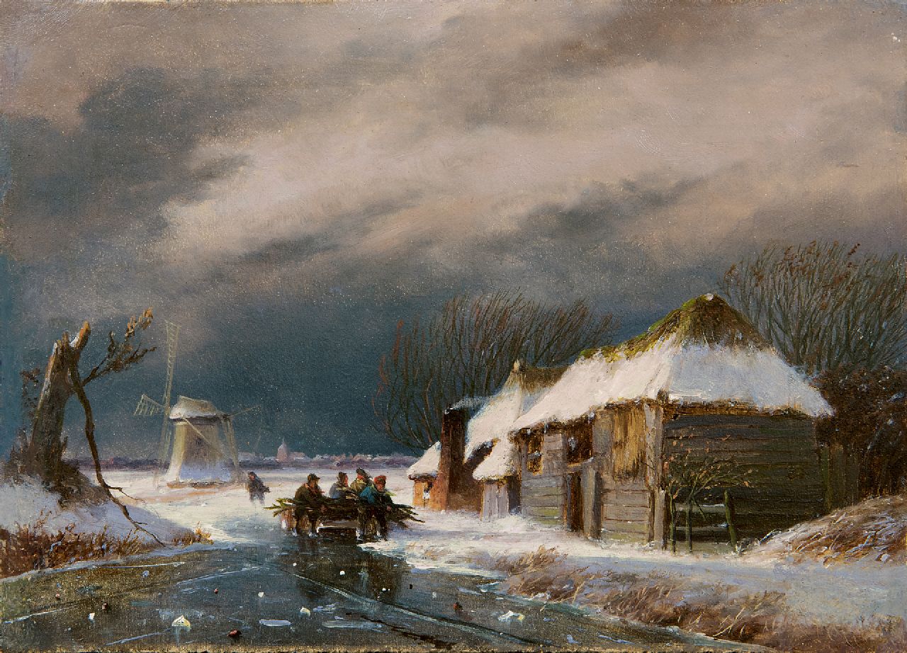 Roosenboom N.J.  | Nicolaas Johannes Roosenboom, Figures on the ice in a storm, oil on panel 16.0 x 21.9 cm