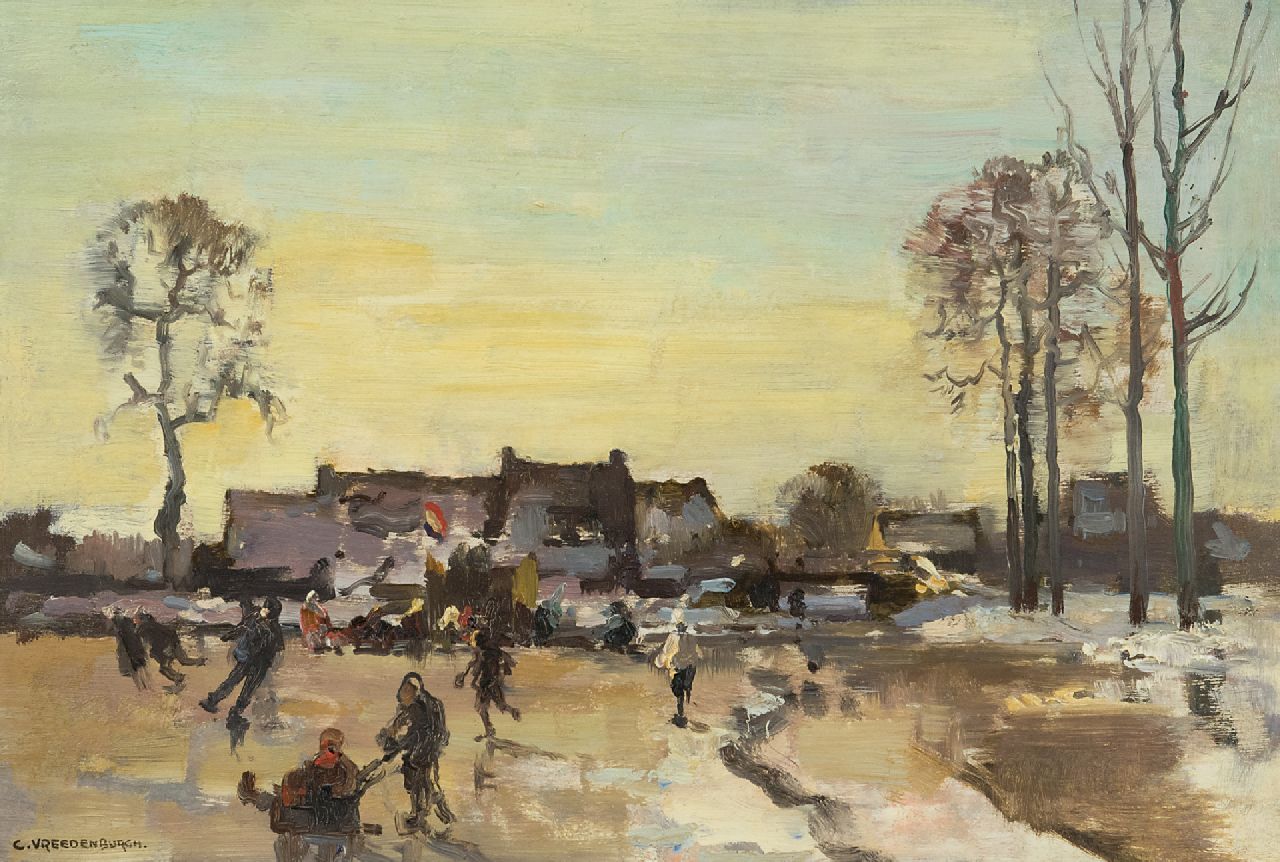 Vreedenburgh C.  | Cornelis Vreedenburgh, Winter fun on the floodplain, oil on panel 23.9 x 35.1 cm, signed l.l.