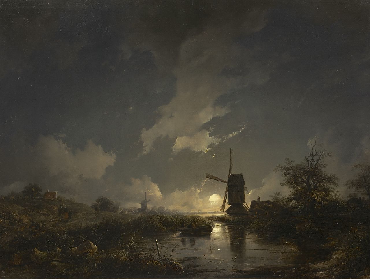 Haanen R.A.  | Remigius Adrianus Haanen, A moonlit polder landscape, oil on panel 51.0 x 67.4 cm, signed l.r. with initials