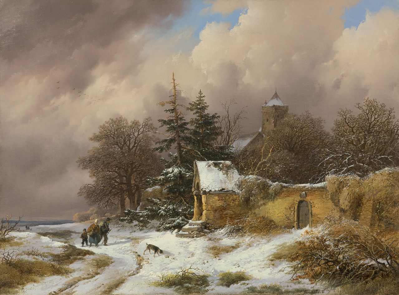 Haanen R.A.  | Remigius Adrianus Haanen | Paintings offered for sale | A winter landscape with land folk on a path, oil on canvas 36.3 x 49.3 cm, signed l.l. and dated 1849