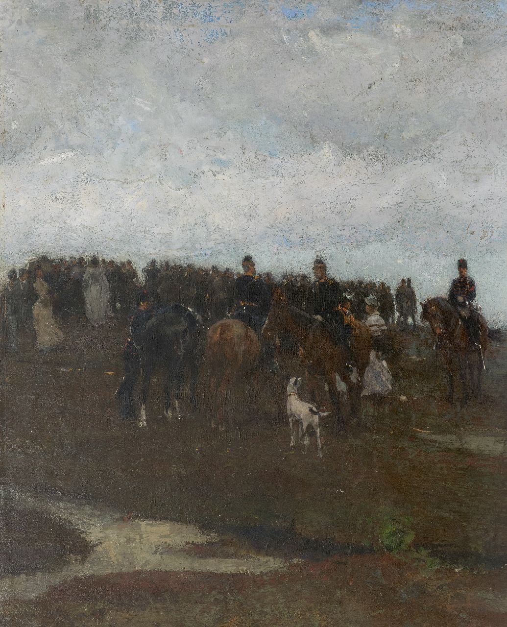 Waay N. van der | Nicolaas van der Waay, Cavalrymen and elegant women in a landscape, oil on canvas laid down on panel 70.5 x 58.0 cm, painted ca. 1905