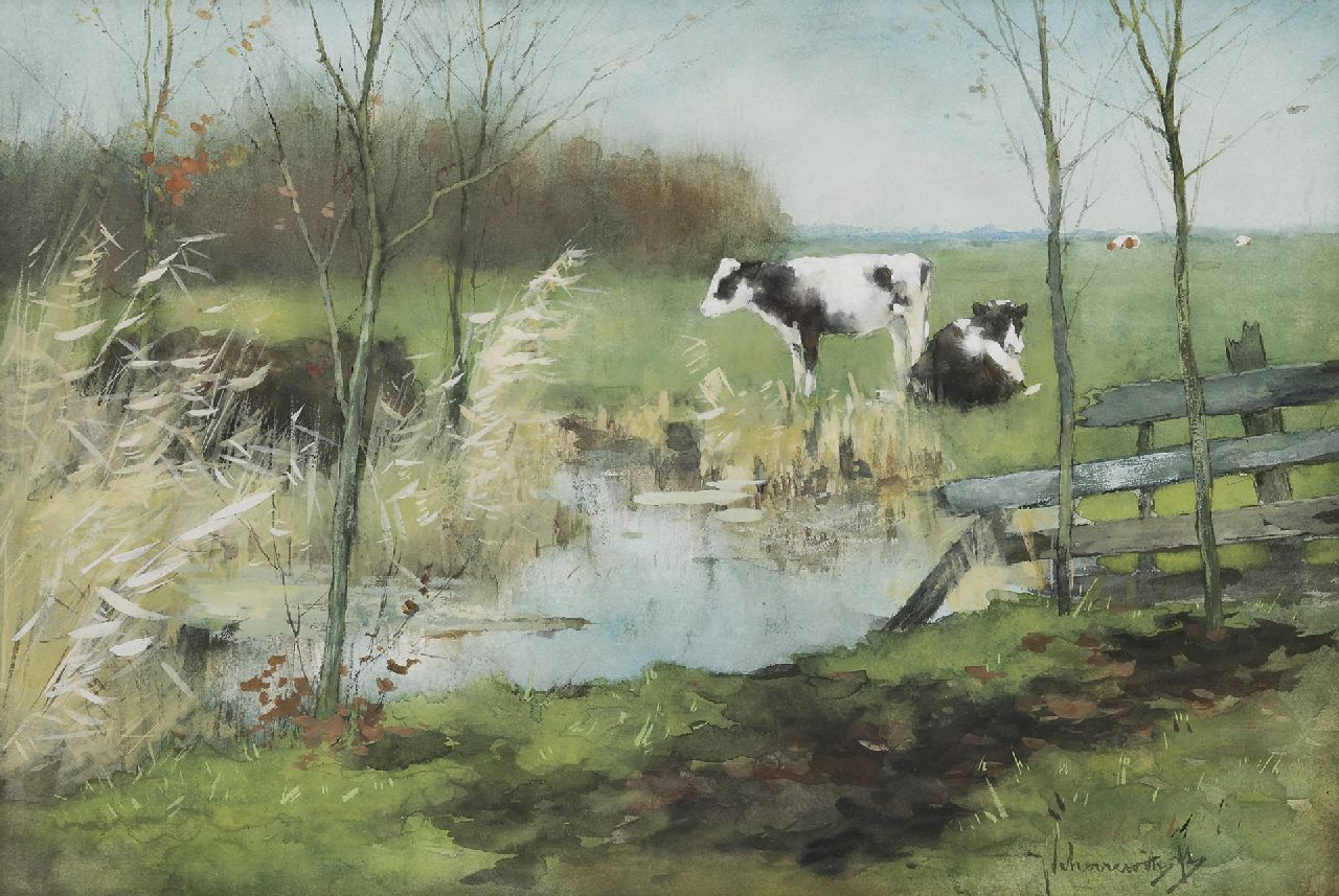 Scherrewitz J.F.C.  | Johan Frederik Cornelis Scherrewitz | Watercolours and drawings offered for sale | Calfs in a meadow, watercolour on paper 30.1 x 44.3 cm, signed l.r.