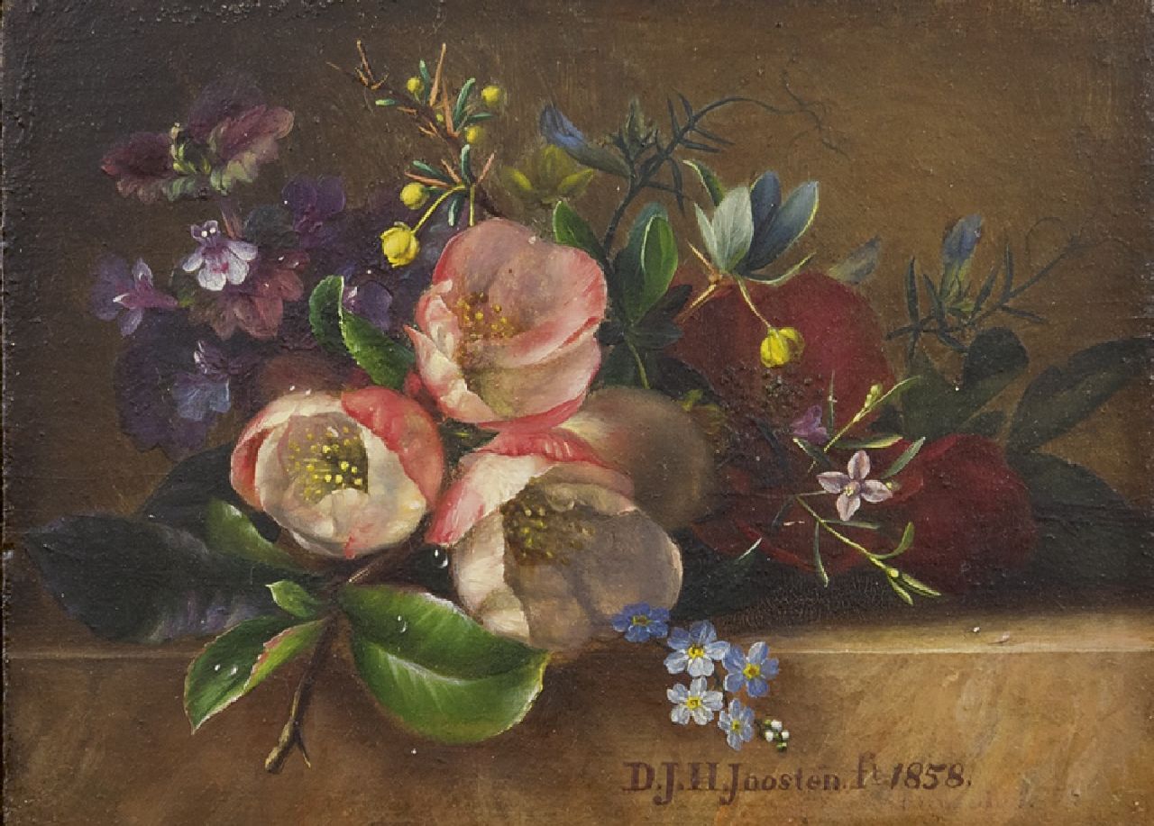 Joosten D.J.H.  | Dirk Jan Hendrik Joosten, Flowers on a ledge, oil on panel 9.5 x 13.0 cm, signed l.c. and dated 1858