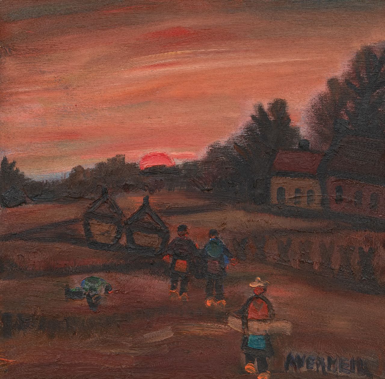 Vermeir A.  | Alfons Vermeir | Paintings offered for sale | Landscape with farmers, oil on painter's board 60.0 x 60.0 cm, signed l.r.