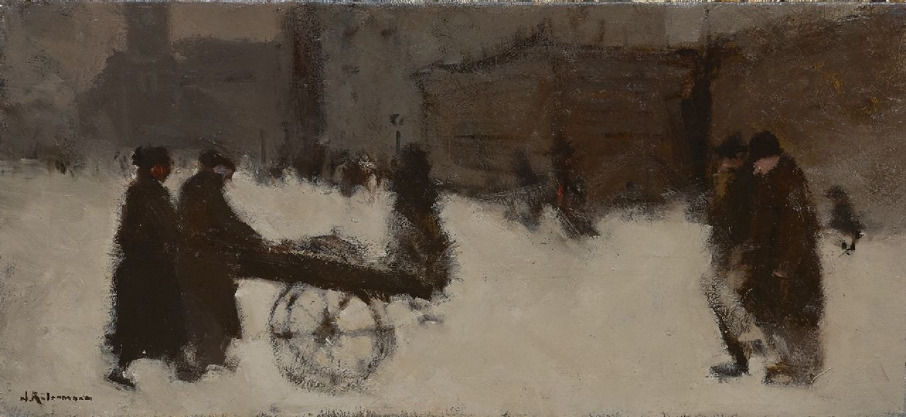 Rijlaarsdam J.  | Jan Rijlaarsdam, Figures and a cart in the snow, oil on canvas 30.4 x 60.8 cm, signed l.l.