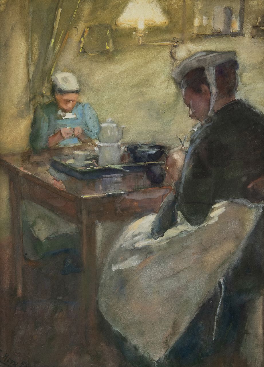 Adriani-Hovy E.M.H.  | 'Elisabeth' Marie Hendrika Adriani-Hovy | Watercolours and drawings offered for sale | Service workers in lamplight, pastel on paper 49.4 x 38.7 cm, signed l.l. and dated '94